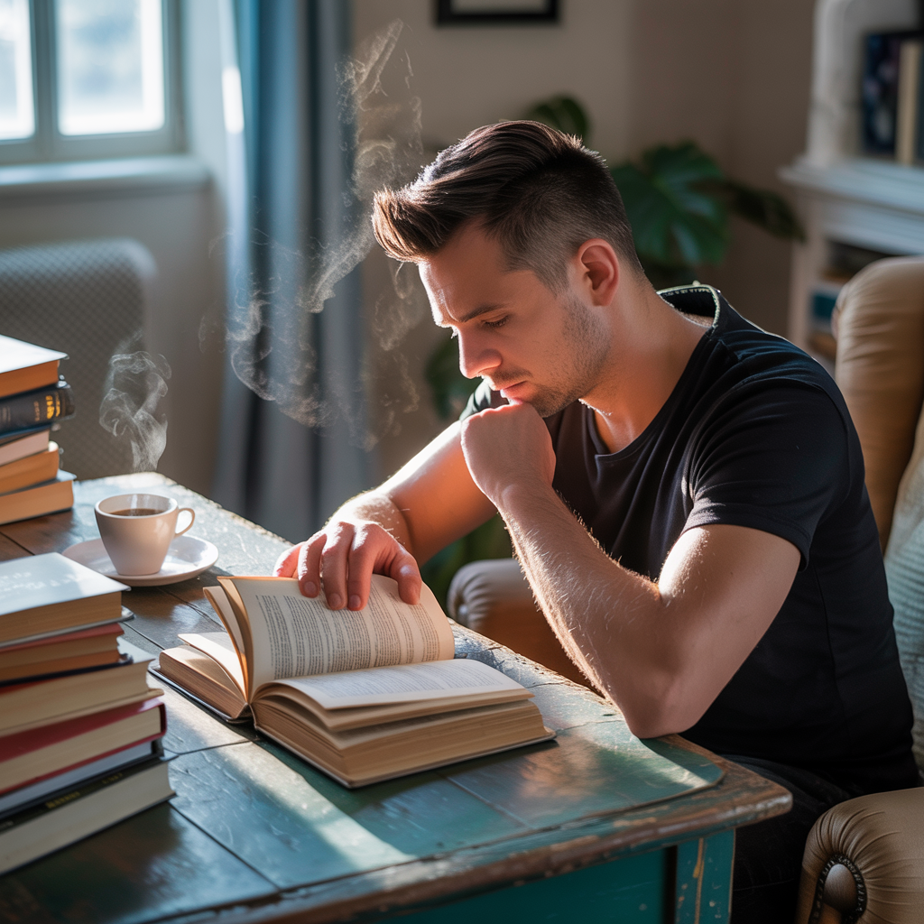 Homme concentré sur un guide de développement personnel